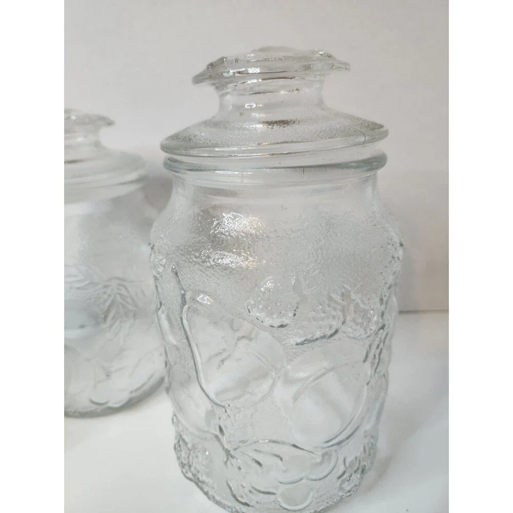 Vintage Libbey Glass Orchard Fruit Embossed Clear Glass Canisters Set of 3
